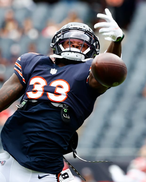 Aug 13, 2022; Chicago, Illinois, USA; Chicago Bears cornerback Jaylon Johnson (33) practices before the game against the Kansas City Chiefs at Soldier Field.