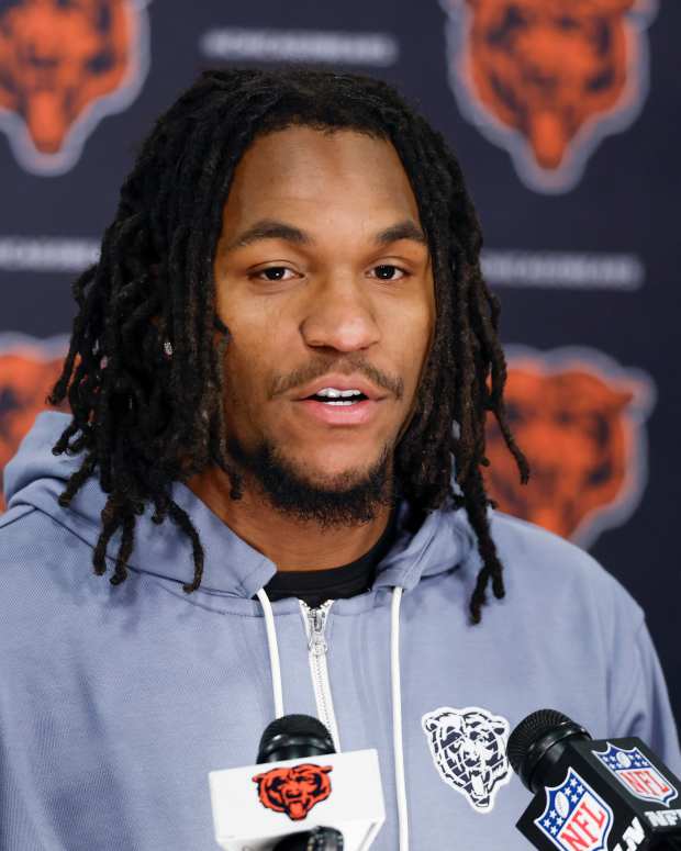 May 9, 2025; Lake Forest, IL, USA; Chicago Bears wide receiver Luther Burden III speaks during the Rookie Minicamp at Halas Hall.