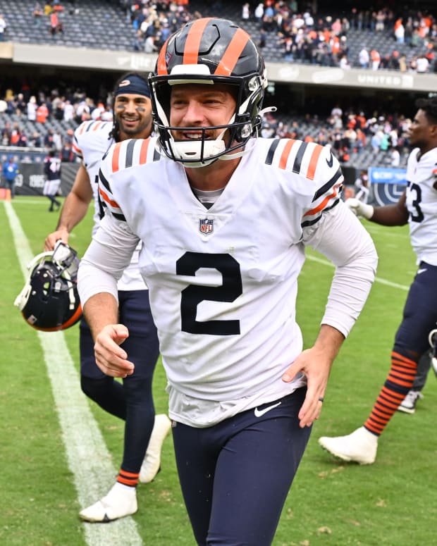 Sep 25, 2022; Chicago, Illinois, USA; Chicago Bears kicker Cairo Santos (2) runs off the field after kicking the game-winning field goal against the Houston Texans at Soldier Field. Mandatory Credit: Jamie Sabau-USA TODAY Sports