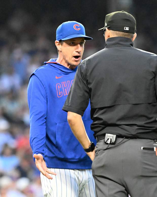 Jul 6, 2025; Chicago, Illinois, USA; Chicago Cubs manager Craig Counsell (11) argues a call with umpire Adam Hamari (78) during the third inning against the St. Louis Cardinals at Wrigley Field.