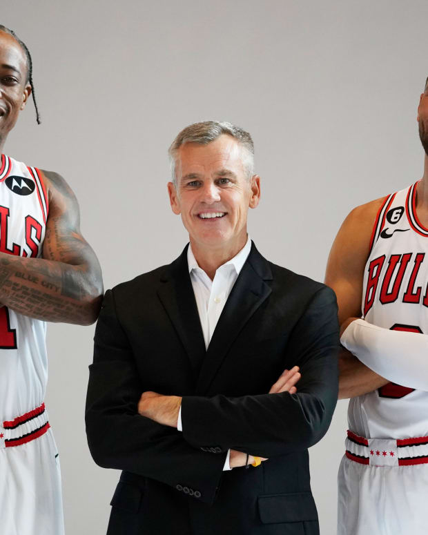 Sep 26, 2022; Chicago, IL, USA; Chicago Bulls forward DeMar DeRozan (11) head coach Billy Donovan and guard Zach LaVine (8) during Chicago Bulls Media Day at the United Center.