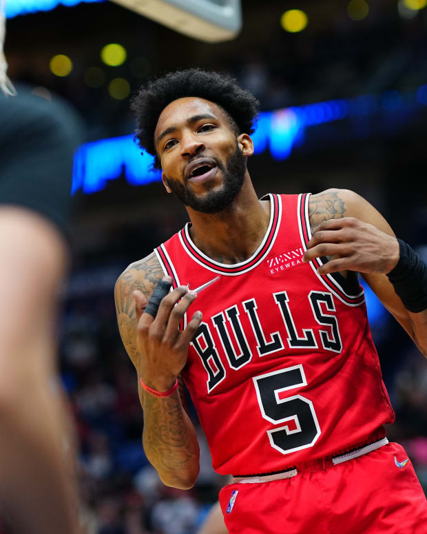 Mar 24, 2022; New Orleans, Louisiana, USA; Chicago Bulls forward Derrick Jones Jr. (5) reacts to a play against the New Orleans Pelicans during the fourth quarter at Smoothie King Center. The New Orleans Pelicans won 126 - 109.