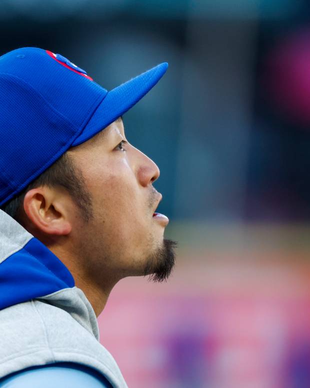 Apr 12, 2024; Seattle, Washington, USA; Chicago Cubs right fielder Seiya Suzuki (27) participates in batting practice before a game against the Seattle Mariners at T-Mobile Park.
