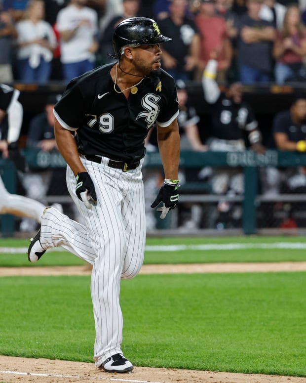 Sep 2, 2022; Chicago, Illinois, USA; Chicago White Sox first baseman Jose Abreu (79) runs to first base after hitting game winning fielder's choice grounder against the Minnesota Twins during the ninth inning at Guaranteed Rate Field.