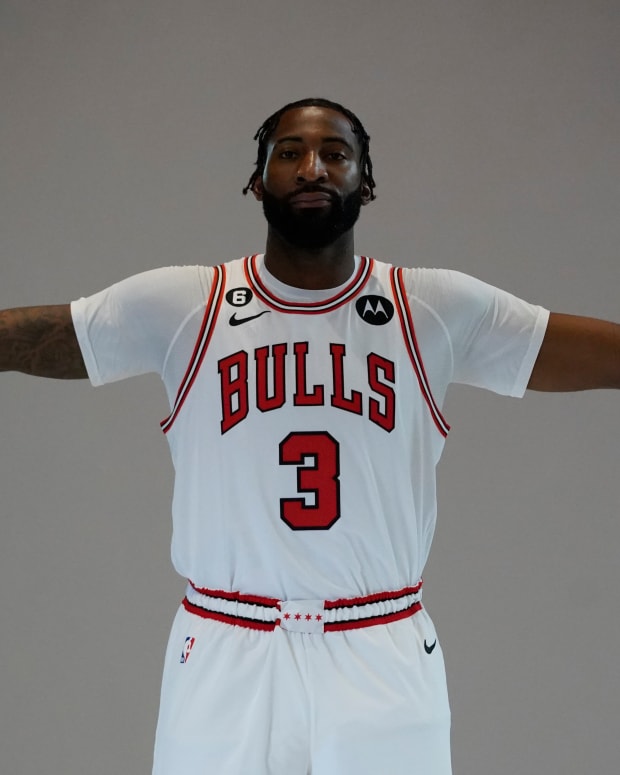 Sep 26, 2022; Chicago, IL, USA; Chicago Bulls center Andre Drummond (3) during Chicago Bulls Media Day at the United Center.