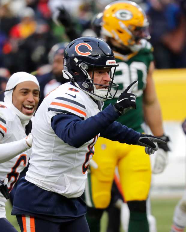 Jan 5, 2025; Green Bay, Wisconsin, USA; Chicago Bears place kicker Cairo Santos (8) celebrates his 51-yard game-winning field goal against the Chicago Bears during their football game Sunday, January 5, 2025 at Lambeau Field. 