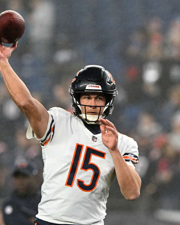 Oct 24, 2022; Foxborough, Massachusetts, USA; Chicago Bears quarterback Trevor Siemian (15) throws the ball during warmups before a game against the New England Patriots at Gillette Stadium.