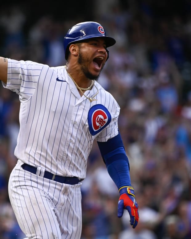Aug 20, 2022; Chicago, Illinois, USA; Chicago Cubs catcher Willson Contreras (40) reacts after hitting a walk off single to defeat the Milwaukee Brewers in the eleventh inning at Wrigley Field.