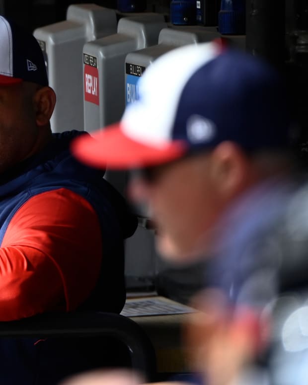 Sep 25, 2022; Chicago, Illinois, USA; Chicago White Sox acting manager Miguel Cairo looks on from the dugout before the game against the Detroit Tigers at Guaranteed Rate Field.