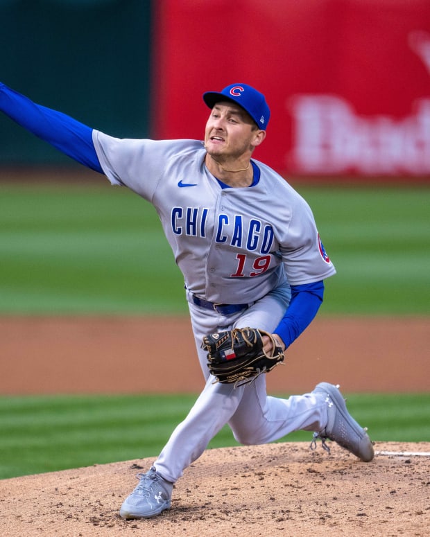 Apr 17, 2023; Oakland, California, USA; Chicago Cubs starting pitcher Hayden Wesneski (19) delivers a pitch against the Oakland Athletics during the first inning at RingCentral Coliseum.