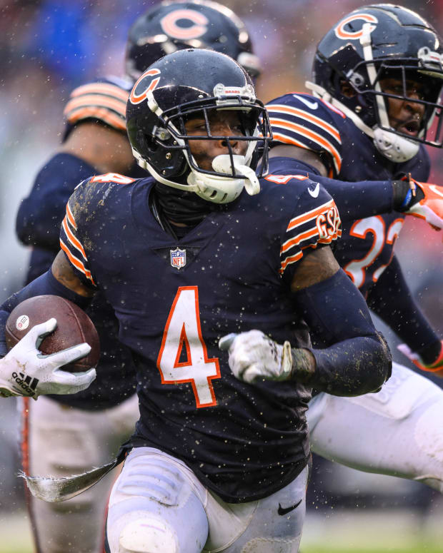 Sep 11, 2022; Chicago, Illinois, USA; Chicago Bears free safety Eddie Jackson (4) runs after his interception in the fourth quarter against the San Francisco 49ers at Soldier Field.