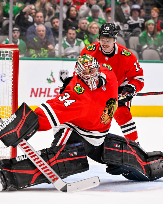 Nov 23, 2022; Dallas, Texas, USA; Chicago Blackhawks goaltender Petr Mrazek (34) makes a save on a shot by Dallas Stars center Tyler Seguin (91) during the second period at the American Airlines Center.
