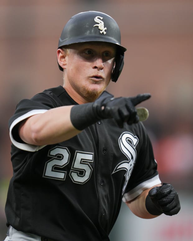 Aug 25, 2022; Baltimore, Maryland, USA; Chicago White Sox left fielder Andrew Vaughn (25) reacts after hitting a home run against the Baltimore Orioles during the first inning at Oriole Park at Camden Yards.