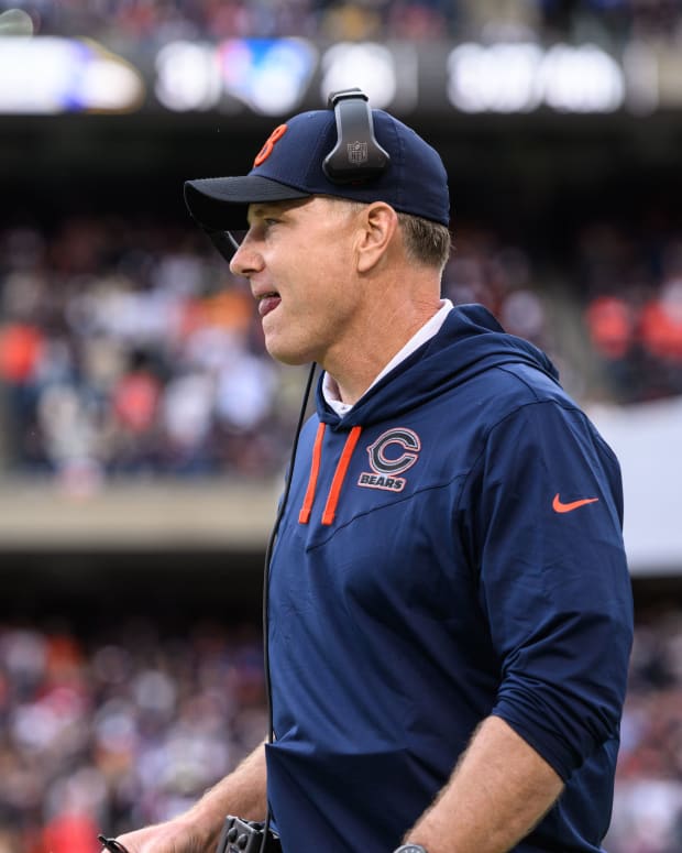 Sep 25, 2022; Chicago, Illinois, USA; Chicago Bears head coach Matt Eberflus looks on in the fourth quarter against the Houston Texans at Soldier Field. Mandatory Credit: Daniel Bartel-USA TODAY Sports
