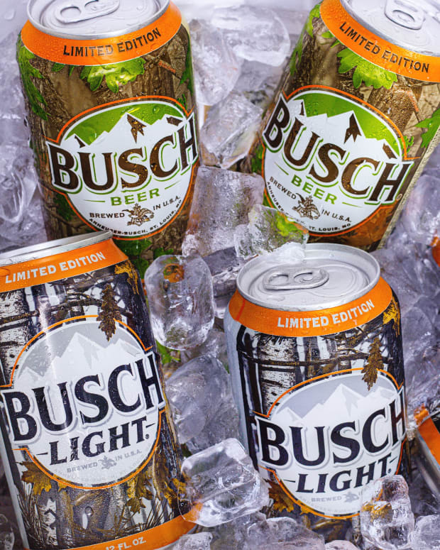 Busch and Busch Light camo cans on ice featuring the new design ahead of the 2022 hunting season