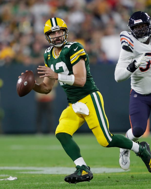 Green Bay Packers quarterback Aaron Rodgers (12) looks to pass in the second quarter against the Chicago Bears during their football game Sunday, September 18, 2022, at Lambeau Field in Green Bay, Wis.