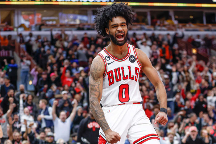 Apr 2, 2023; Chicago, Illinois, USA; Chicago Bulls guard Coby White (0) reacts after scoring against the Memphis Grizzlies during the second half at United Center.