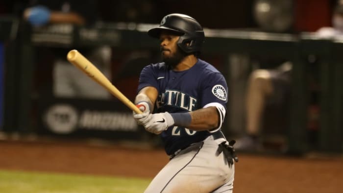 PHOENIX, AZ - SEPTEMBER 11: Phillip Ervin #20 of the Seattle Mariners bats during the game against the Arizona Diamondbacks at Chase Field on September 11, 2020 in Phoenix, Arizona. The Diamondbacks defeated the Mariners 4-3. (Photo by Rob Leiter/MLB Photos via Getty Images)
