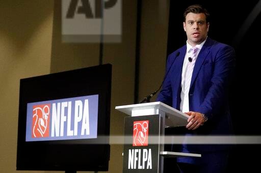 Eric Winston, president of the NFL Players Association, speaks at the annual state of the NFLPA press conference, Thursday, Jan. 30, 2020, in Miami Beach, Fla. The San Francisco 49ers will face the Kansas City Chiefs in the NFL Super Bowl 54 football game Sunday. (AP Photo/Chris Carlson)