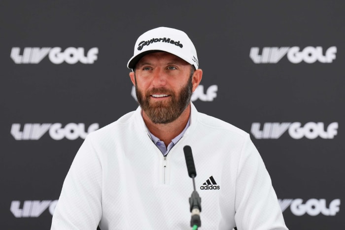 ST ALBANS, ENGLAND - JUNE 07: Dustin Johnson of The United States attends the press conference prior to the LIV Golf Invitational - London at The Centurion Club on June 07, 2022 in St Albans, England. (Photo by Aitor Alcalde/LIV Golf/Getty Images)
