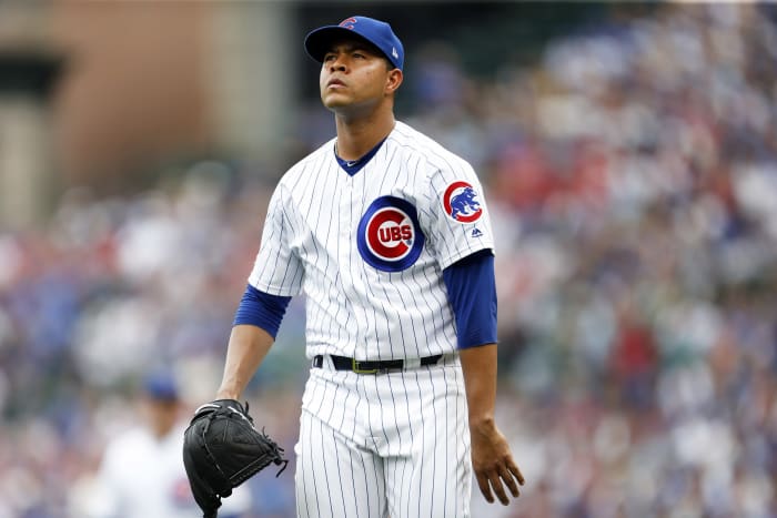 CHICAGO, ILLINOIS - SEPTEMBER 21: Jose Quintana #62 of the Chicago Cubs reacts after pitching the third inning of a game against the St. Louis Cardinals at Wrigley Field on September 21, 2019 in Chicago, Illinois. (Photo by Nuccio DiNuzzo/Getty Images)