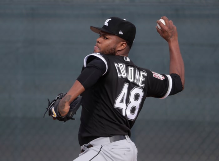 Chicago White Sox's Alex Colome throws during a spring training baseball workout Saturday, Feb. 16, 2019, in Glendale, Ariz. (AP Photo/Morry Gash) ORG XMIT: AZMG117