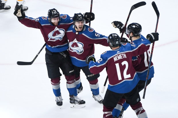 DENVER, CO - APRIL 16: Gabriel Bourque (57) of the Colorado Avalanche celebrates his 2-0 goal with teammates J.T. Compher (37), Patrik Nemeth (12) and Nikita Zadorov (16) against the Nashville Predators during the first period on Monday, April 16, 2018. The Colorado Avalanche hosted the Nashville Predators. (Photo by AAron Ontiveroz/The Denver Post)