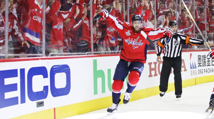 WASHINGTON, DC - JUNE 02: Evgeny Kuznetsov #92 of the Washington Capitals celebrates his second-period goal against the Vegas Golden Knights in Game Three of the 2018 NHL Stanley Cup Final at Capital One Arena on June 2, 2018 in Washington, DC. (Photo by Bruce Bennett/Getty Images)