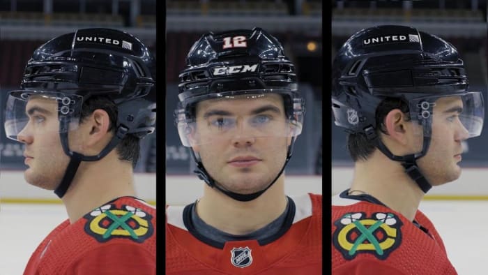 The Blackhawks added United Airlines to their helmets ahead of the 2021 NHL season. Photo: Chicago Blackhawks