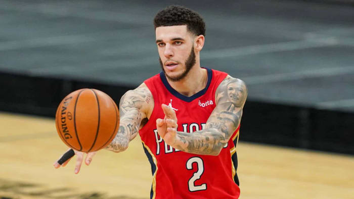 Feb 27, 2021; San Antonio, Texas, USA; New Orleans Pelicans guard Lonzo Ball (2) passes in the second half against the San Antonio Spurs at the AT&T Center. Mandatory Credit: Daniel Dunn-USA TODAY Sports