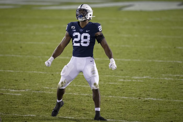 STATE COLLEGE, PA - NOVEMBER 7: Jayson Oweh #28 of the Penn State Nittany Lions reacts after a play against the Maryland Terrapins during the second half at Beaver Stadium on November 7, 2020 in State College, Pennsylvania. (Photo by Scott Taetsch/Getty Images)