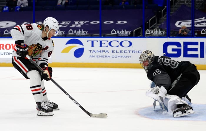 Patrick Kane was stopped on a breakaway in the second period of Saturday's game. Mike Ehrmann/Getty Images