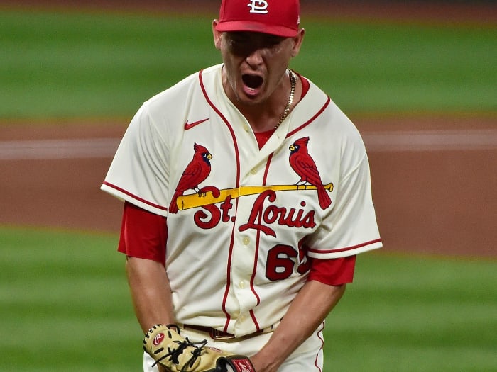 Giovanny Gallegos seen with what appears to be a foreign substance on his hat.Photo: Jeff Curry-USA TODAY Sports