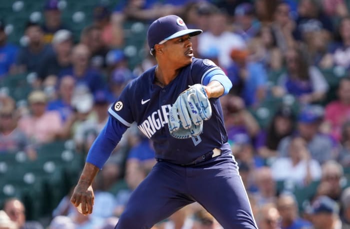 Sep 16, 2022; Chicago, Illinois, USA; Chicago Cubs starting pitcher Marcus Stroman (0) throws the ball against the Colorado Rockies during the first inning at Wrigley Field.