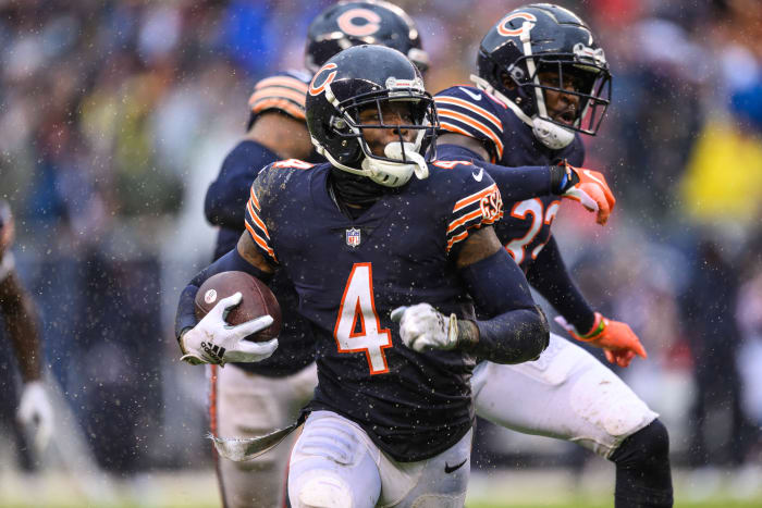Sep 11, 2022; Chicago, Illinois, USA; Chicago Bears free safety Eddie Jackson (4) runs after his interception in the fourth quarter against the San Francisco 49ers at Soldier Field.
