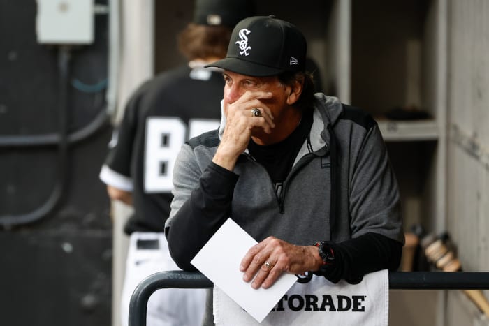 Jun 10, 2022; Chicago, Illinois, USA; Chicago White Sox manager Tony La Russa (22) looks on from dugout before a baseball game against the Texas Rangers at Guaranteed Rate Field.