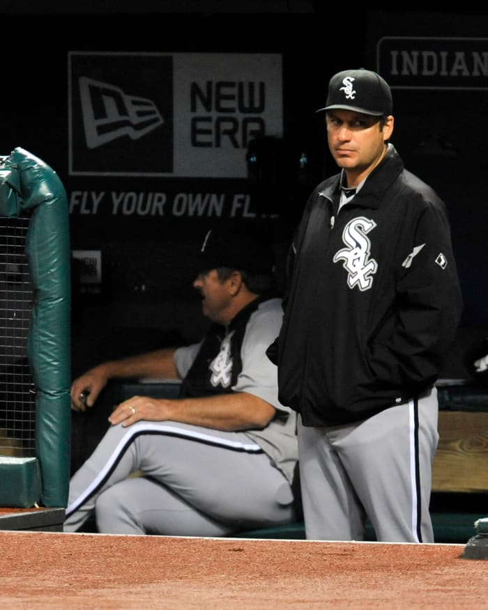 Oct 3, 2012; Cleveland, OH, USA; Chicago White Sox manager Robin Ventura (23) stands in the dugout in the first inning against the Cleveland Indians at Progressive Field.