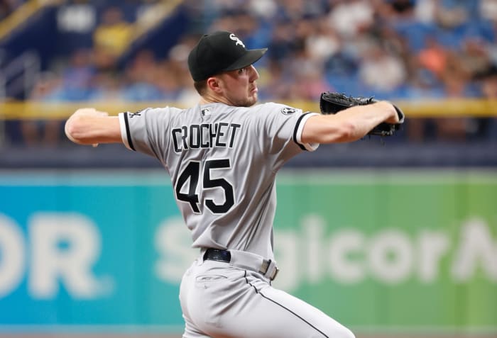 Aug 22, 2021; St. Petersburg, Florida, USA;Chicago White Sox relief pitcher Garrett Crochet (45) throws a pitch during the sixth inning against the Tampa Bay Rays at Tropicana Field.