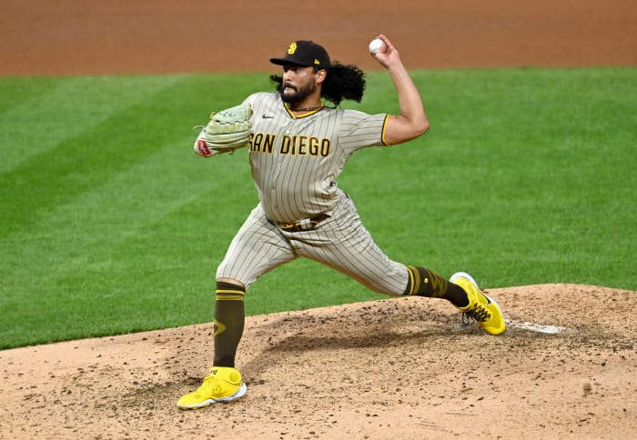 Oct 22, 2022; Philadelphia, Pennsylvania, USA; San Diego Padres starting pitcher Sean Manaea (55) pitches in the fourth inning during game four of the NLCS against the Philadelphia Phillies for the 2022 MLB Playoffs at Citizens Bank Park.