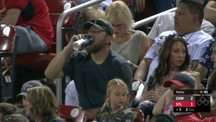 In retirement, Mark enjoys a Busch tallboy while taking in a White Sox vs. Cardinals game (Photo: Fox Sports Midwest)