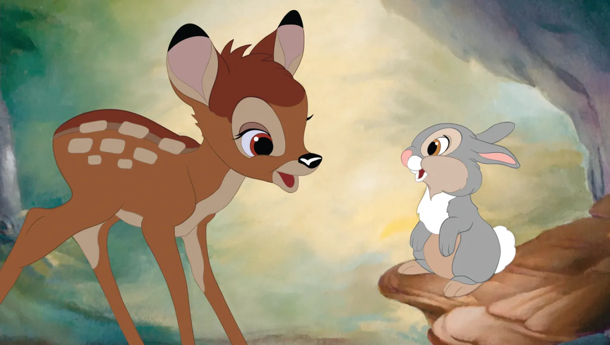 A picture from the 1942 movie Bambi. The picture shows the titular Bambi who is a deer and its friend Thumper, a rabbit.