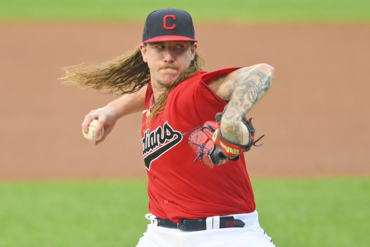 Aug 26, 2020; Cleveland, Ohio, USA; Cleveland Indians starting pitcher Mike Clevinger (52) delivers in the first inning against the Minnesota Twins at Progressive Field.