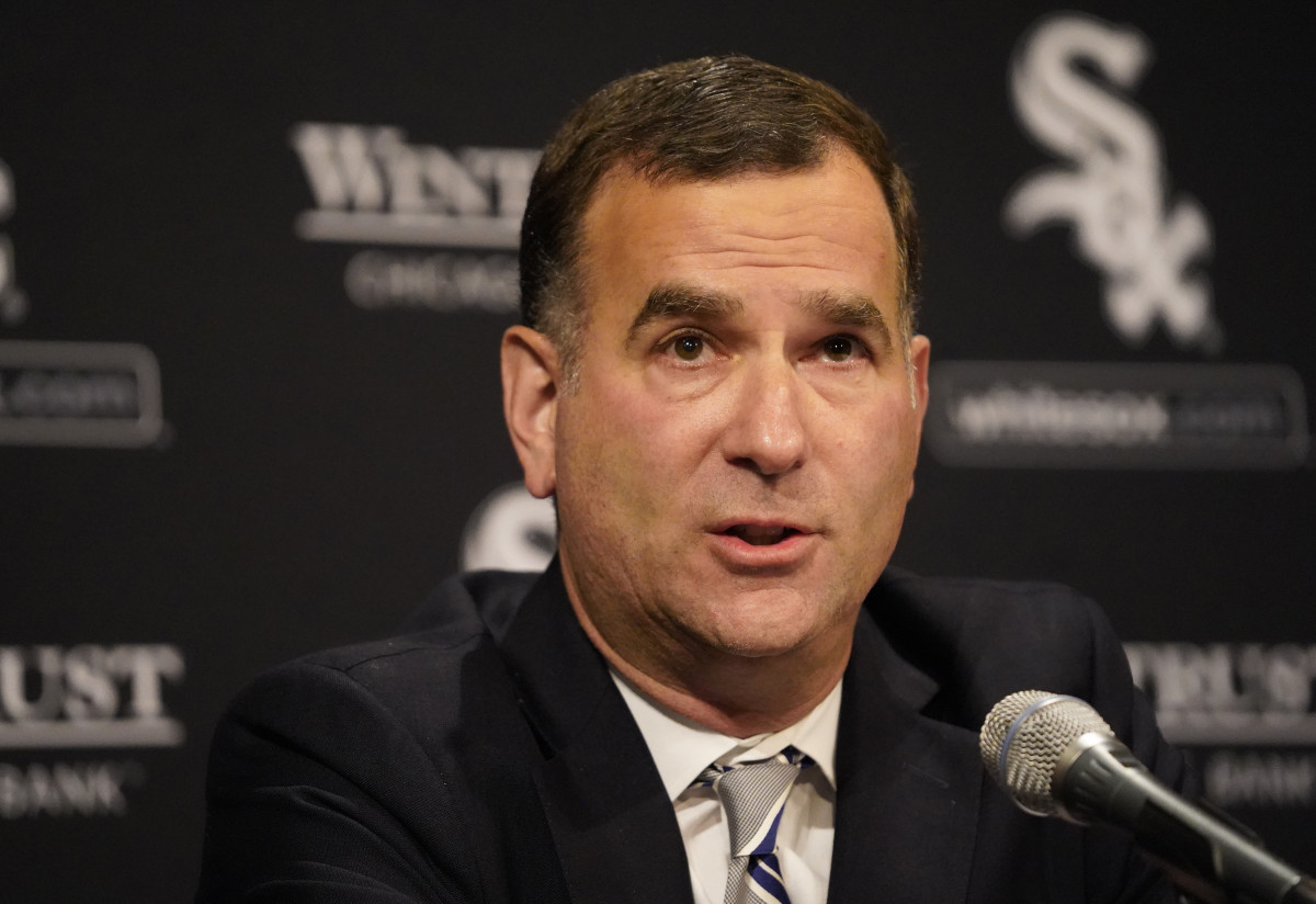 Nov 3, 2022; Chicago, Il, USA; Chicago White Sox general manager Rick Hahn introduces new manager Pedro Grifol during a press conference at Guaranteed Rate Field.