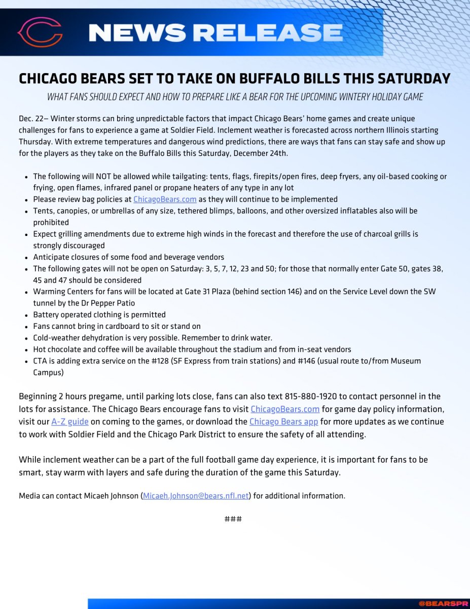 Chicago Bears announced several changes to their tailgating policies for the Week 16 matchup with the Buffalo Bills at Soldier Field.