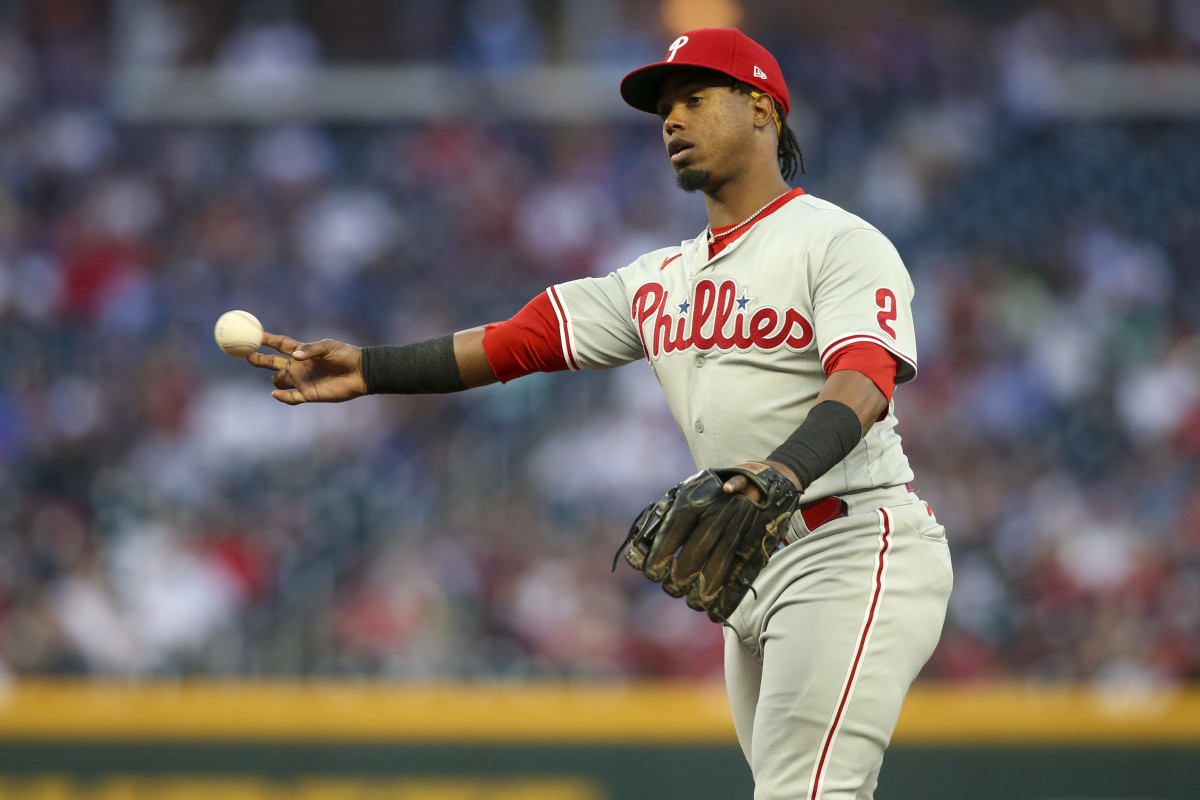 Sep 16, 2022; Atlanta, Georgia, USA; Philadelphia Phillies second baseman Jean Segura (2) throws a runner out at first against the Atlanta Braves in the first inning at Truist Park.