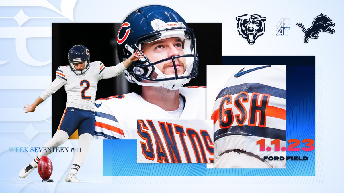 The Chicago Bears 2022 Week 17 uniform schedule preview featuring Cairo Santos