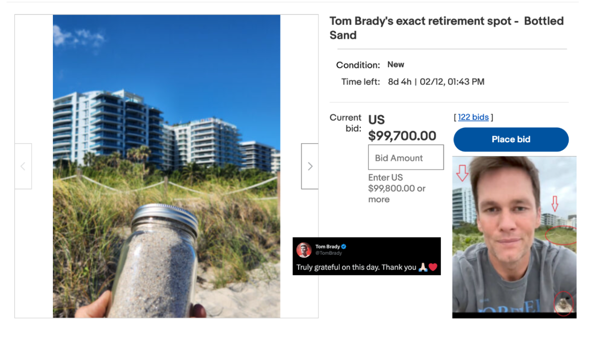 user selling bottle of sand from Tom Brady's 'exact