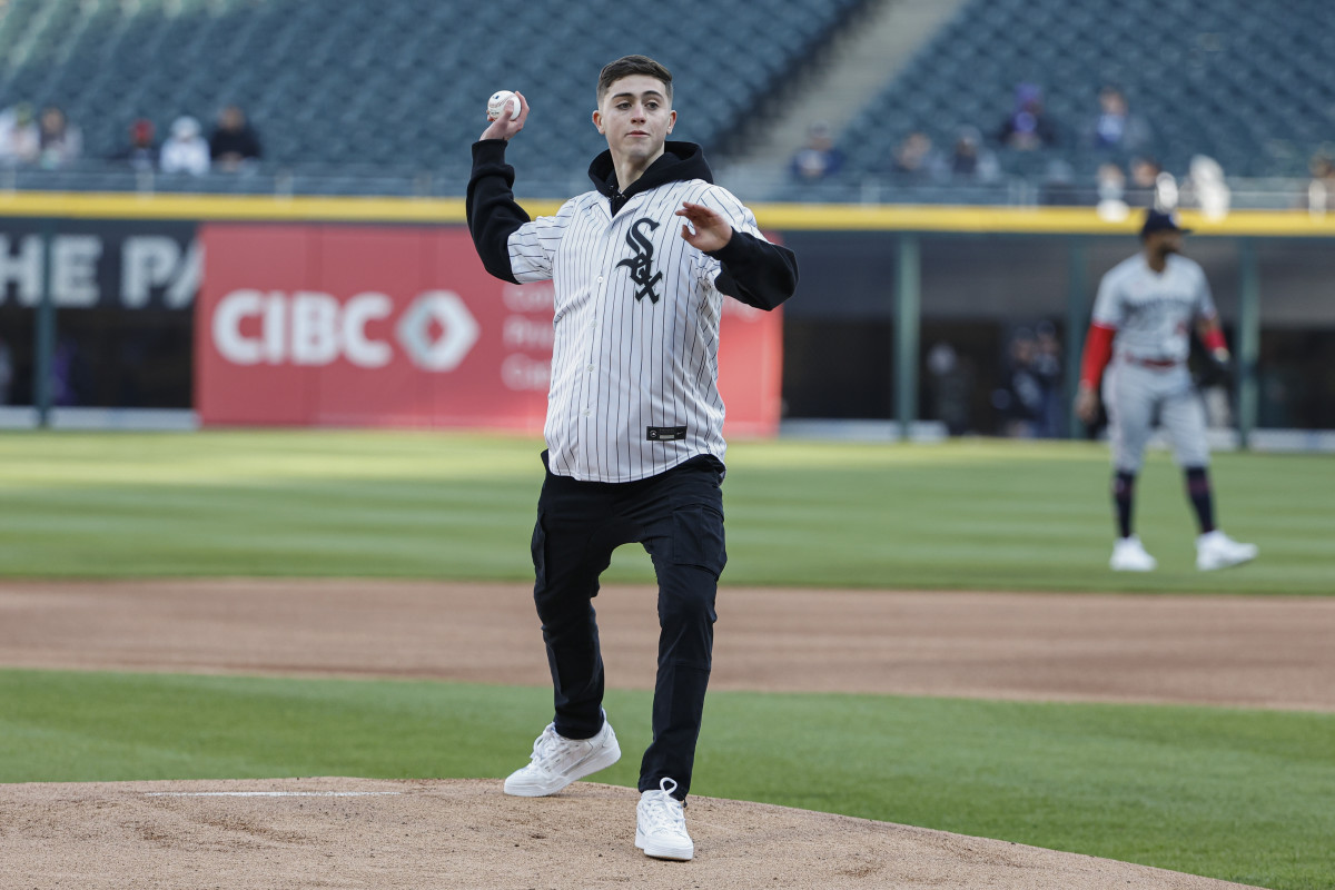May 3, 2023; Chicago, Illinois, USA; Chicago Fire FC midfielder Brian Gutierrez throws out a ceremonial first pitch before a baseball game between the Chicago White Sox and Minnesota Twins at Guaranteed Rate Field. Mandatory Credit: Kamil Krzaczynski-USA TODAY Sports
