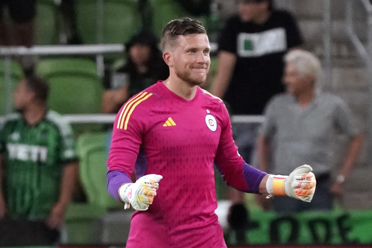 May 24, 2023; Austin, TX, USA; Chicago Fire goalkeeper Spencer Richey (18) reacts after a victory over Austin FC at Q2 Stadium.