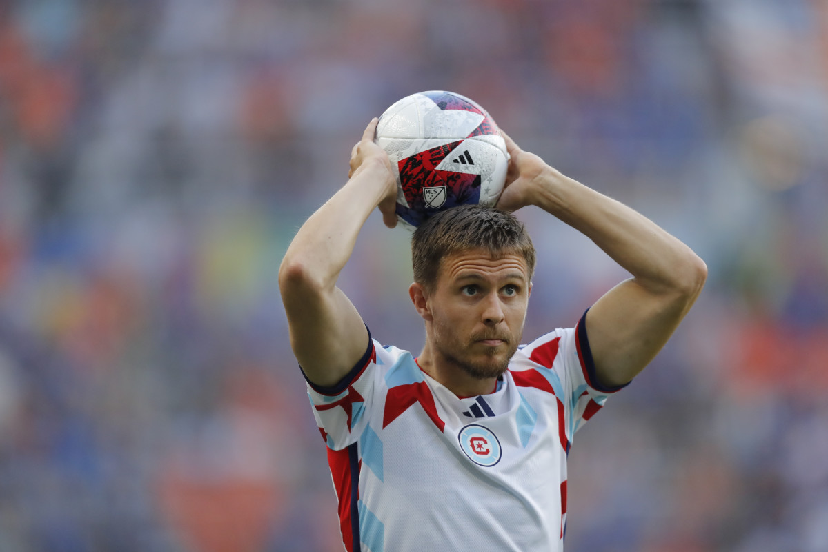 Jun 3, 2023; Cincinnati, Ohio, USA; Chicago Fire defender Arnaud Souquet (2) plays the ball during the first half at TQL Stadium.